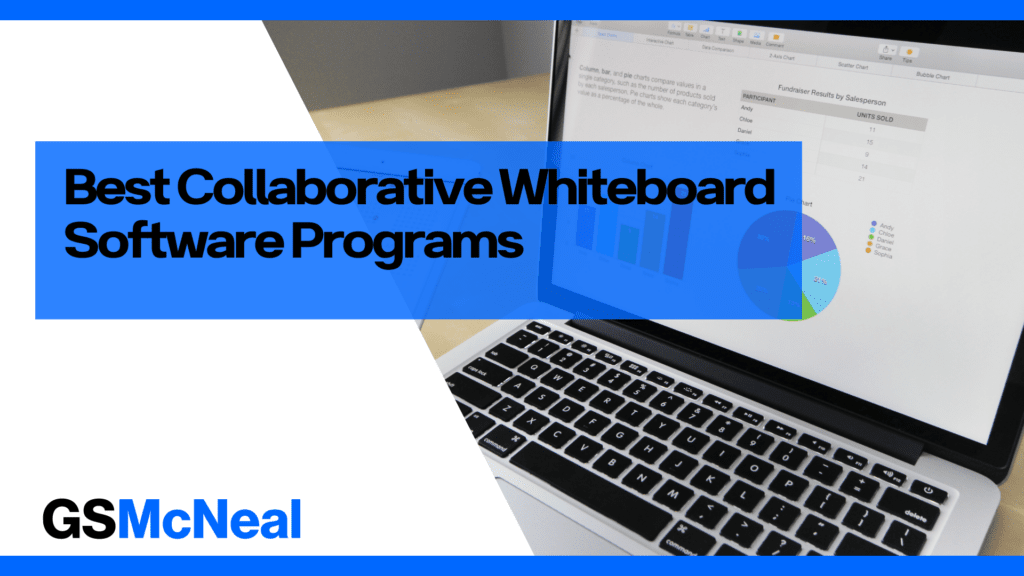 A laptop showing some graphs and reports with a white background with a caption saying best collaborative whiteboard software programs overlaid on the screen