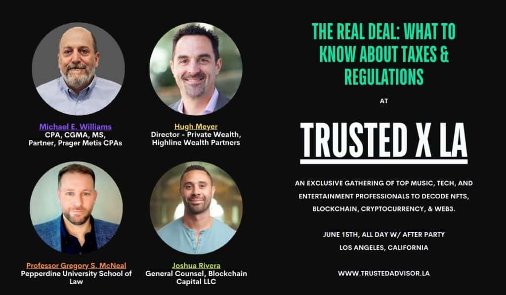 Trusted X LA panel card, The Real Deal: What to Know About Taxes and Regulations, listing Gregory S. McNeal